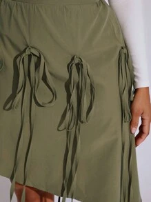 BamGleam Women Solid Color High Waist Front Tie Casual Asymmetrical Skirt