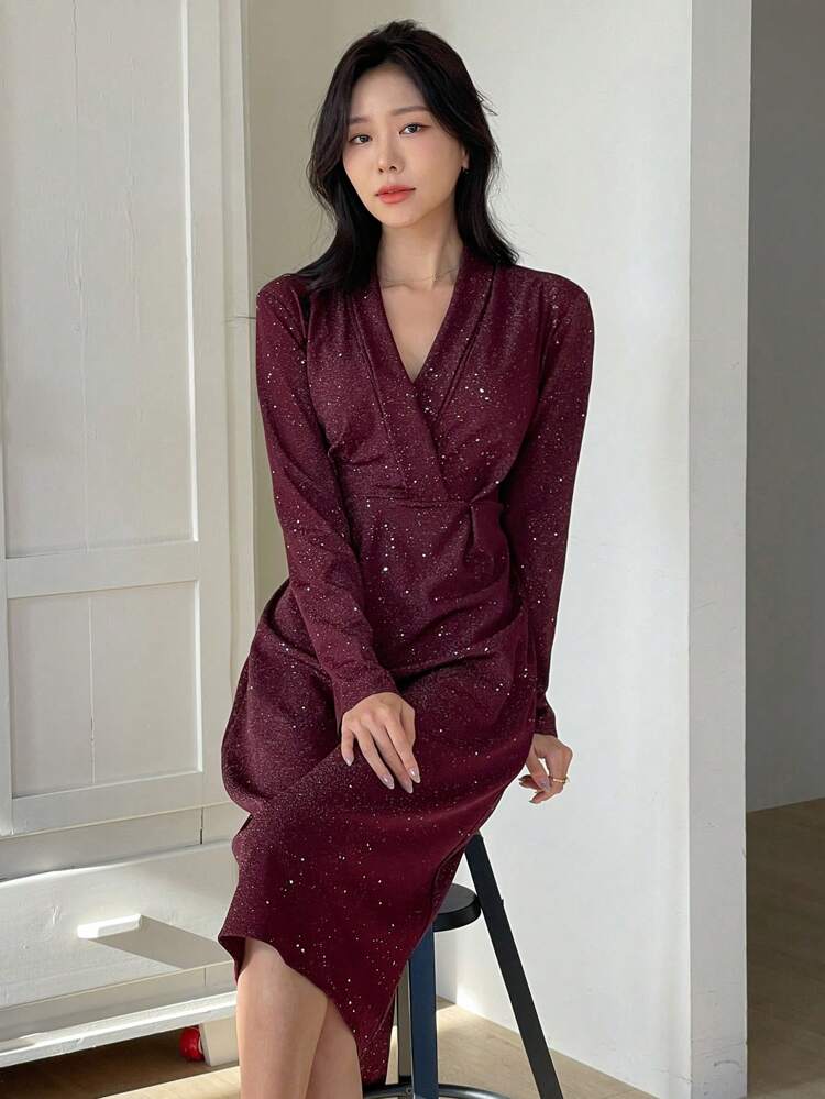 -Versatile Wrap Dress, Versatile, Sophisticated, Sexy V-Neck Tie-Up Midi Dress For  Work,Fall Clothes Long Sleeve Dress Red Women Dresses｜DAZY