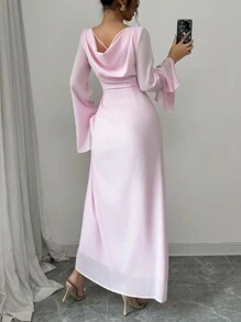 Elenzga 女士优雅浪漫雪纺纯色喇叭袖垂领落肩交叉系带长袖连衣裙长款女装 - 粉色 - 查看 1