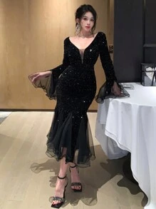 DAZY Đầm sequin tay xòe cổ chữ V cho nữ, đầm dạ hội, đầm dự tiệc xuân/hè, đầm dự tiệc xếp tầng, đầm dạ hội sang trọng, đầm đêm giao thừa, đầm lấp lánh ngày Valentine, đầm maxi. - màu đen - Xem 3