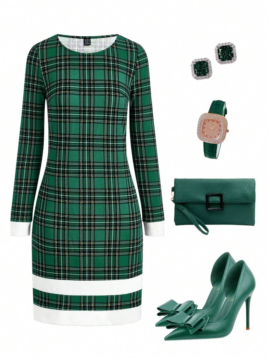 Ellevyn 女式圣诞格子拼布下摆优雅修身圆领连衣裙 - 綠色 - 查看 1