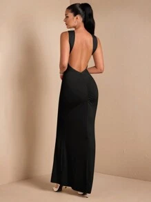 SHEIN BAE Váy thanh lịch hở lưng màu mơ không tay dành cho nữ, thích hợp cho tiệc cocktail, hẹn hò lãng mạn, mặc nhiều lớp vào mùa thu/đông, tiệc tùng, dịp trang trọng, Halloween, Giáng sinh - màu đen - Xem 1