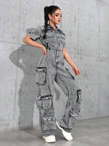 SHEIN EZwear 女士短袖单排扣休闲工装牛仔连体裤 - 灰色 - 查看 5