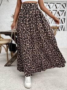 SHEIN PETITE Falda larga de cintura ceñida y estampado de leopardo en corte evasé para mujeres, para otoño/primavera