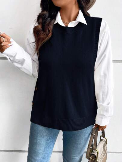 SHEIN LUNE Plus Size Loose Buttoned Hem Split Pullover Sweater Vestbusiness Casual Woman,Holiday Outfits,Country Tops In Fall/Winter
