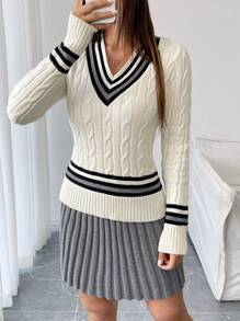 SHEIN Unity Women's V-Neck Contrast Color Pleated Skirt And Elegant Two-Piece Sweater Set, Collegiate Style, Autumn/Winter - Apricot - View 4