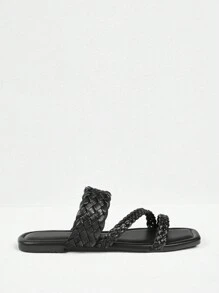 Styleloop Women's Solid Color Fashion Woven Flat Sandals, Round Toe Versatile Casual Sandals, Lightweight Plus Size Comfortable Non-Slip Breathable Summer Sandals - Black - View 3