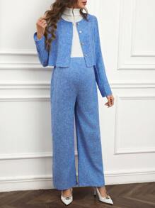 SHEIN 2Pcs Maternity Casual Set: Front Button Long Sleeve Top And Pants - Blue - View 3