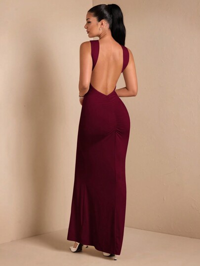 SHEIN BAE Robe élégante dos nu minimaliste sexy de couleur abricot pour femmes, convenant pour les cocktails, les rendez-vous romantiques, les couches d'automne/hiver, les rassemblements, les fêtes, les événements formels, les mariages, Halloween, Noël