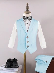 SHEIN 2 piezas Traje de caballero para niños pequeños - Chaleco y pantalones, adecuado para cumpleaños, Navidad, bodas - Azul - Ver 8