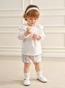 SHEIN Baby Girl Cute Floral Lace Collar Cap Sleeve Top With Cinched Waist Shorts Set, Vintage Plaid, Spring/Autumn Outdoor Newkids Outfit - Multicolor - View 6