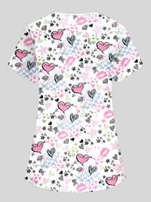 PopScrub Top de estampado de labios, flechas de amor y estrellas con cuello en V y manga corta, estilo de enfermera/médico, uniforme de examen/cirugía; Top de unicolor para peluquería de mascotas; Top de uniforme de nutricionista con múltiples bolsillos, blusa funcional de trabajo, prenda de mujer de moda, conjunto funcional de mujer para vacaciones, Día de San Valentín