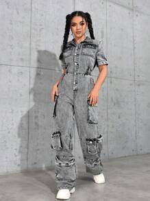 SHEIN EZwear 女士短袖单排扣休闲工装牛仔连体裤 - 灰色 - 查看 6