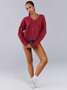 Athîral 女士纯色 V 领带口袋前扣长袖开衫 - 紅色 - 查看 3