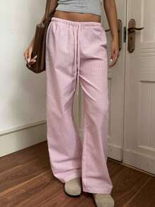 CovetEZ 女士粉色和白色条纹休闲家居长裤，适合秋冬季 - 彩色 - 查看 5