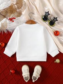 Toddler Boys' 2025 New Year Festival Letter Print Long Sleeve Fleece Crew Neck Sweatshirt, Baby Boy White Hoodie