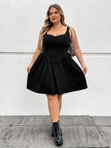 SHEIN CURVE+ Vestido corto y entallado de color negro para mujer de talla grande con decoración de espina de pescado, adecuado para citas, fiestas y galas - Negro - Ver 8