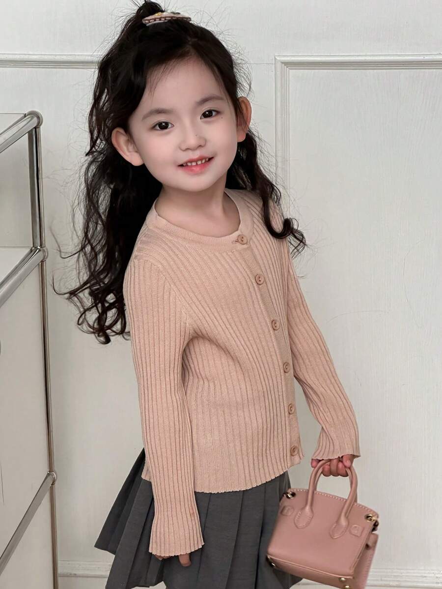 DAZY Girls' Round Neck Solid Ribbed Long Sleeve Cardigan, Spring - Pink - View 1