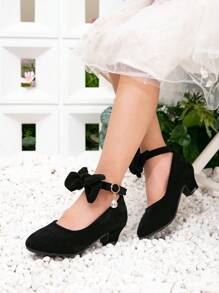 New Girls Round Toe Dress High Heel Shoes, Children Black Bow Decor Princess Shoes, Kids Thick Heel Flats
