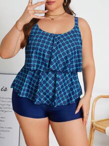 Swim Lushoire Plus Size Printed Tankini, Casual Everyday Minimalistic Design Summer - Navy Blue - View 1