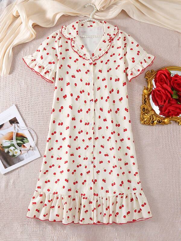 SHEIN Teen Girl's Apricot Ground Red Cherry Print Lapel Short Sleeve Long Nightgown Loungewear