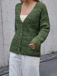 RueChic Casual V Neck Melange Yarn Cardigan With Button