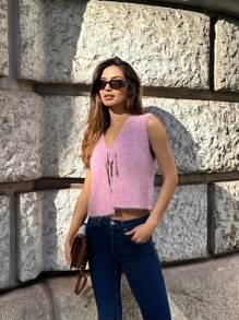 Pariaura Retro French Style Lace-Up Vest, Autumn/Winter Shawl Vest - Pink - View 1