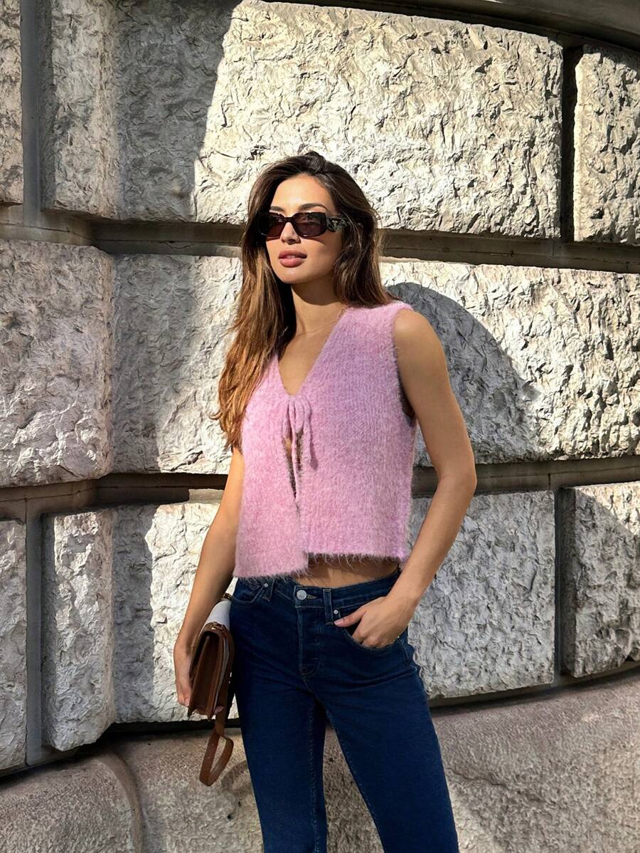 Pariaura Retro French Style Lace-Up Vest, Autumn/Winter Shawl Vest - Pink - View 1