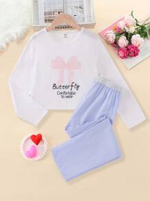 2pcs Girls Butterfly & Stripes Print Casual Home Outfit Set Including Long Pants And Long Sleeve Top