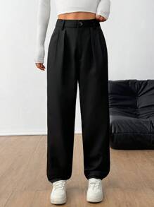 Chiquease Pantalones casuales sólidos con botones delanteros simples para uso diario de mujer