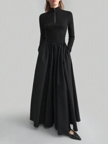 Ontre 现代休闲风格拉链 A 字形黑色长袖修腰连衣裙，春季网眼拼接女式长裙 - 黑色 - 查看 5