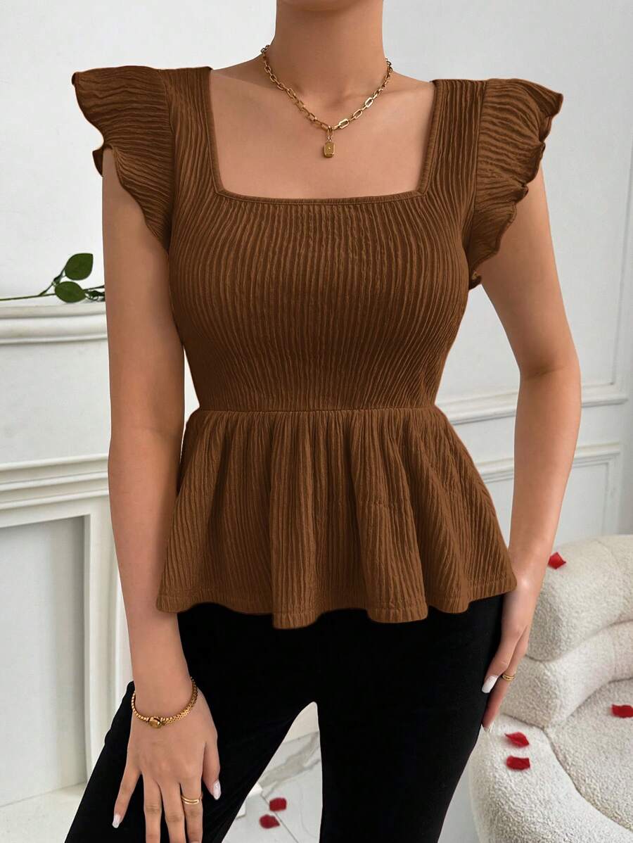 Firerie 女式彼得潘领盖袖收腰 T 恤，适合情人节、节假日和约会 - 棕色 - 查看 1