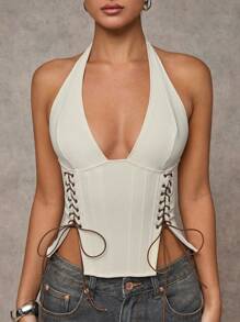 SHEIN BAE Women's Solid Color Eyelets Lace-Up Neck Backless Camisole - White - View 4