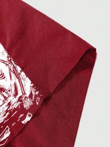 PAVTROS Oversized Men's Casual Letter & Skull Printed Short Sleeve Zip Collar Loose Shirt,Zipper Men Shirt - Red - View 5