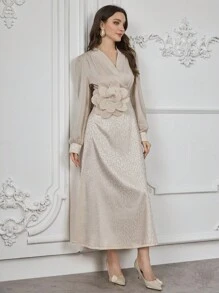 Modelyn Elegant Floral Patterned Lantern Sleeve V-Neck Ruched Waist Dress Maxi Women Outfit Long Evening Dresses - Apricot - View 6