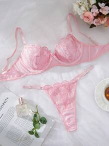 2pcs/Set Women's Cute Embroidered Lingerie Set, Pink - Pink - View 1
