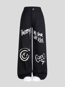 Tween Girls Y2K Style Black Jeans With Letter Graffiti Print, Fashionable Street Style Elements, Simple Black Washed Loose Straight Leg Denim Pants - Black - View 3