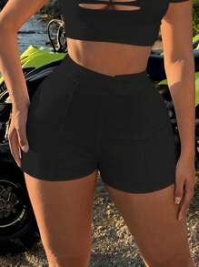 SHEIN SXY 高腰V腰拼接纯色性感短裤，夏季