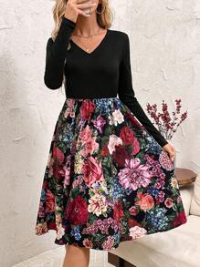 SHEIN Clasi 女式 V 领收腰 A 字形连衣裙，简约休闲，适合日常穿着 - 彩色 - 查看 1