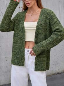 RueChic Casual V Neck Melange Yarn Cardigan With Button