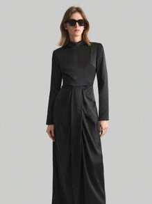 Ontre Women's Black New Year Spring Satin Solid Stand Collar Long Sleeve Pocket Casual Dress - Black - View 6