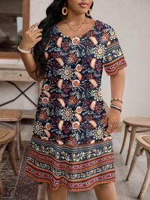 EMERY ROSE Casual Vintage Floral Pattern Loose Round Neck Short Sleeve Plus Size Dress, Suitable For Summer,Beach Dress Sundress,Holiday Outfits Boho Suitable For Going Out Chic Dress,Flower/Vacation/Spring - Black - View 5