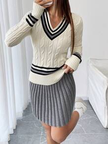 SHEIN Unity Women's V-Neck Contrast Color Pleated Skirt And Elegant Two-Piece Sweater Set, Collegiate Style, Autumn/Winter - Apricot - View 6