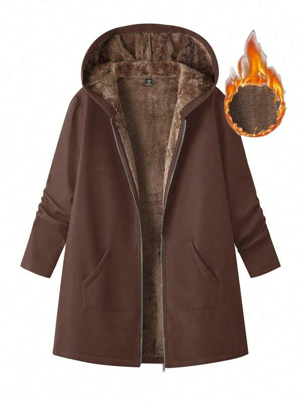 SHEIN LUNE Solid Color Thermal Lined Hooded Casual Jacket, Autumn/Winter