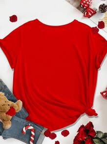 Flirla Plus Size Valentine's Day Shiny Diamante LOVE Design Red T-Shirt For Summer - Red - View 2