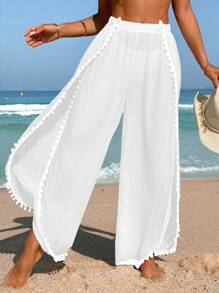 Swim Vcay Summer Outfits For Women Women Beach Vacation Solid Color Side Slit Coverup Top And Pants Set Summer