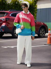 Manfinity Roghcode Men's Solid Color Patchwork Pattern Detail Simple Casual Pullover Hoodie Sweater - Multicolor - View 3