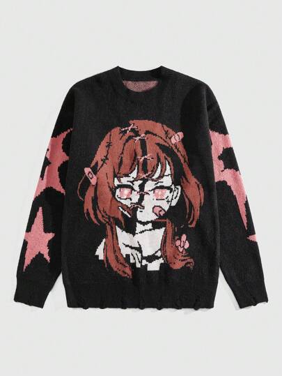 Anime Men's Round Neck Long Sleeve Casual Sweater With Minimalist Human Figure Pattern