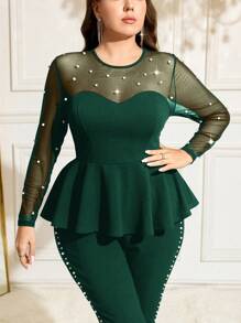 SHEIN Clasi Autumn/Winter Black Long Sleeve Mesh Beaded Waist Ruffle Hem Plus Size Women T-Shirt, Elegant For Party And Everyday Wear