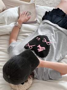 DAZY 青少年女孩图案 T 恤，秋夏装，返校服 - 灰色 - 查看 1